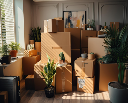 "Boîtes de déménagement bien organisées comme illustration pratique de tout ce qu'il faut pour un premier emménagement."