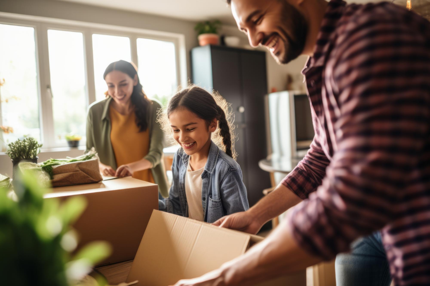 "Une famille heureuse préparant ses cartons pour déménager dans une nouvelle maison, illustrant le processus de déménagement et mettant en évidence le concept de garde alternée."