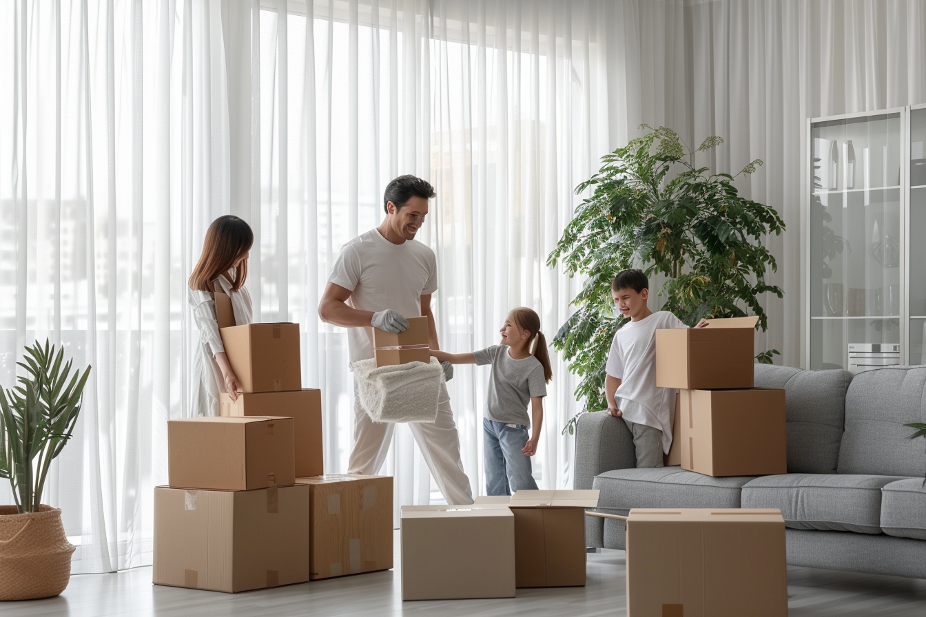 Aide ménagère souriante préparant des cartons de déménagement pour faciliter un nouveau départ au Havre.