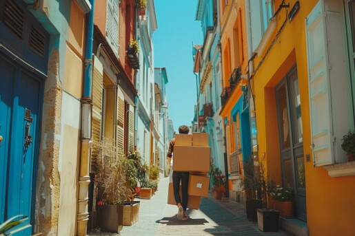 Personnes utilisant des méthodes alternatives pour déménager sans camion à Le Havre, transportant des cartons à vélo et à pied dans une rue pittoresque.