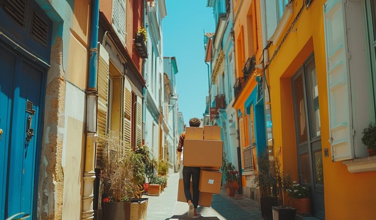 Personnes utilisant des méthodes alternatives pour déménager sans camion à Le Havre, transportant des cartons à vélo et à pied dans une rue pittoresque.