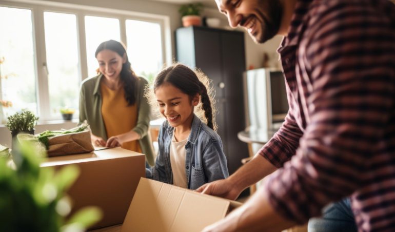 "Une famille heureuse préparant ses cartons pour déménager dans une nouvelle maison, illustrant le processus de déménagement et mettant en évidence le concept de garde alternée."
