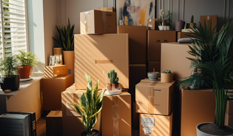 "Boîtes de déménagement bien organisées comme illustration pratique de tout ce qu'il faut pour un premier emménagement."